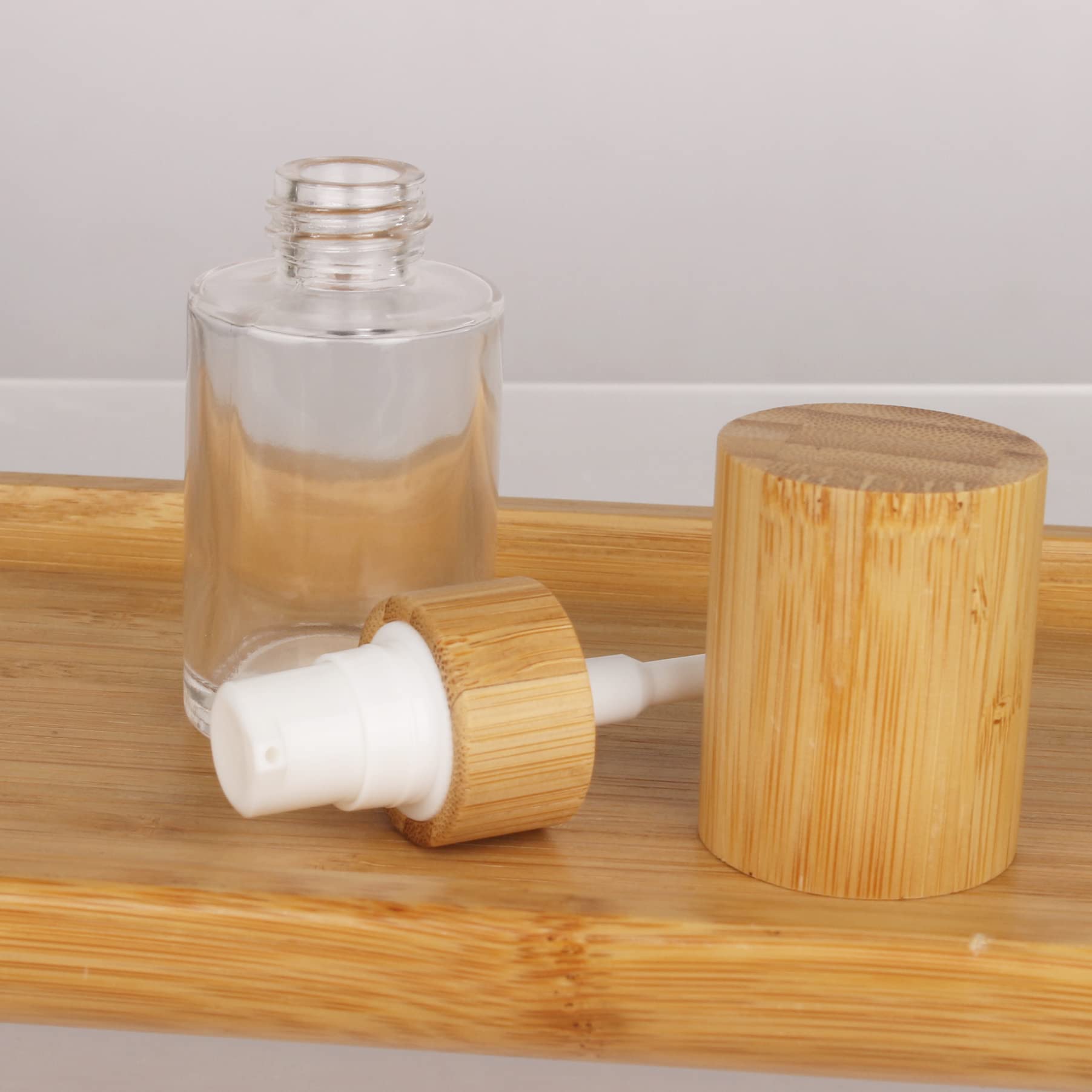 Cosidea 6 Pcs Empty 1Oz / 30Ml Bamboo Lids Clear Glass Bottle With Lotion Pump Dispenser, Refillable Emulsion Cosmetic Cream Bot